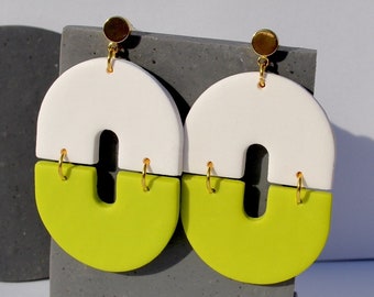 Funky White and Neon Lime Green Polymer Clay Statement Earrings [Lightweight]