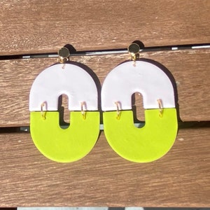 Funky White and Neon Lime Green Polymer Clay Statement Earrings Lightweight image 3