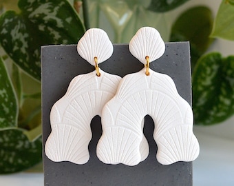 White Textured Wavy Clay Dangle Earrings, Handmade, Lightweight