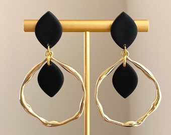 Black Clay and Gold Hoop Dangle Earrings, Handmade Gift for Her, "Chantel"