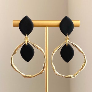 Black Clay and Gold Hoop Dangle Earrings, Handmade Gift for Her, "Chantel"