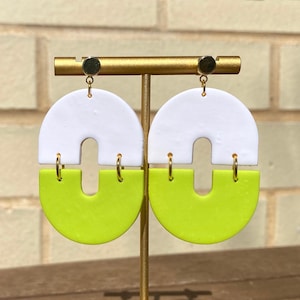 Funky White and Neon Lime Green Polymer Clay Statement Earrings Lightweight image 4