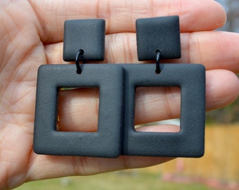 Matte Black Clay Square Hoop Earrings, Gift for Her, Handmade