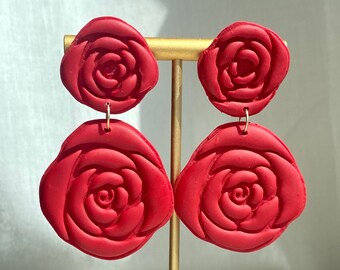 Como La Flor Rose Dangle Polymer Clay Statement Earrings (Lightweight), Valentine’s Day Gift for Her