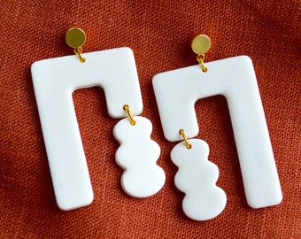 White Clay Rectangular Dangle Earrings, Gift for Her - “Melanie”