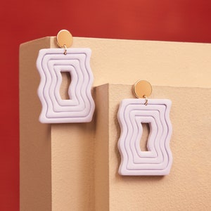 Wavy Rectangular Hoop Clay Earrings, Handmade Gift for Her, Multiple Colors Available