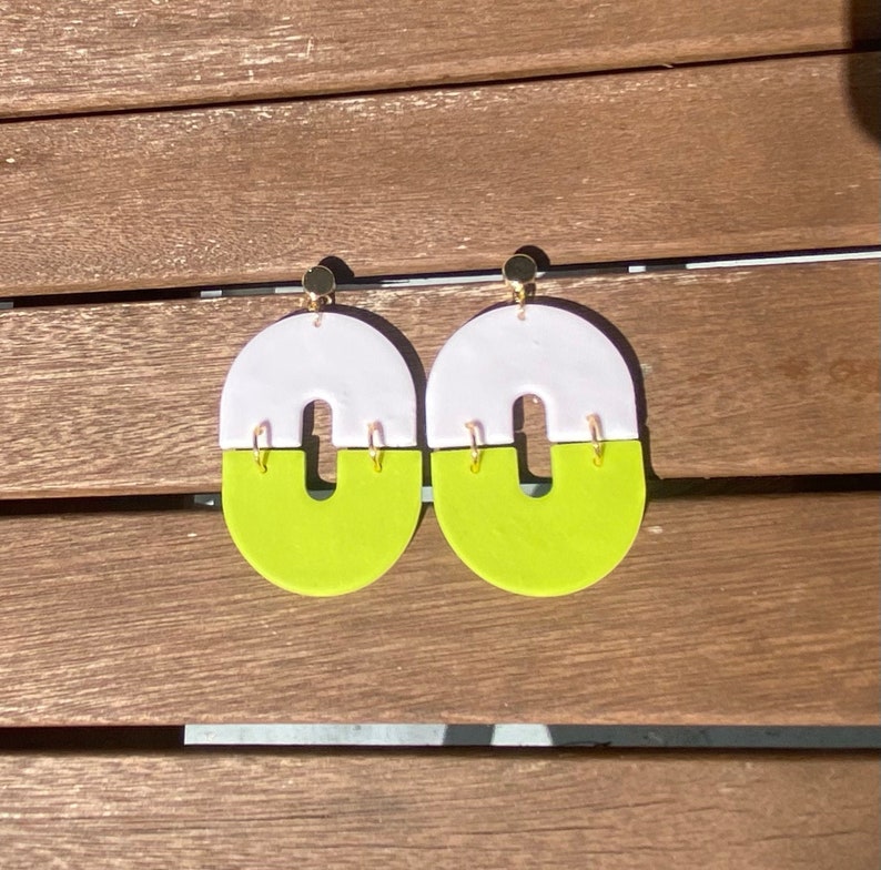 Funky White and Neon Lime Green Polymer Clay Statement Earrings Lightweight image 3