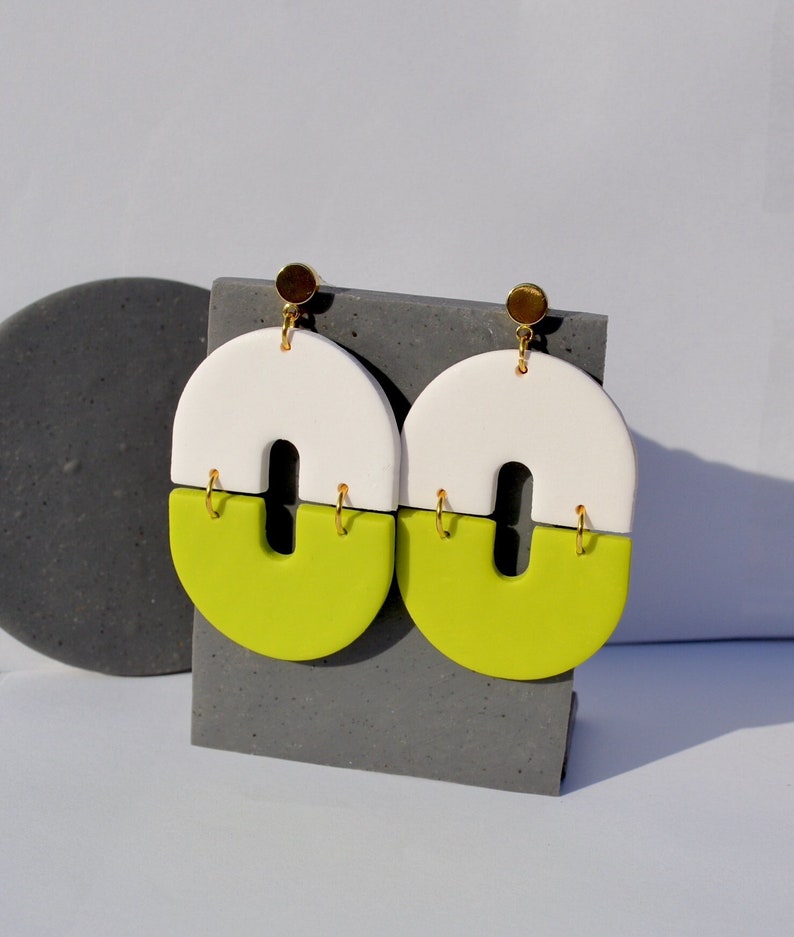 Funky White and Neon Lime Green Polymer Clay Statement Earrings Lightweight image 1