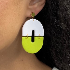 Funky White and Neon Lime Green Polymer Clay Statement Earrings Lightweight image 2