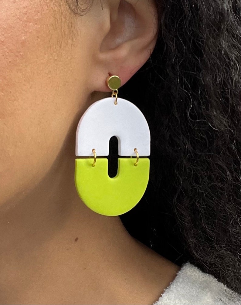 Funky White and Neon Lime Green Polymer Clay Statement Earrings Lightweight image 2