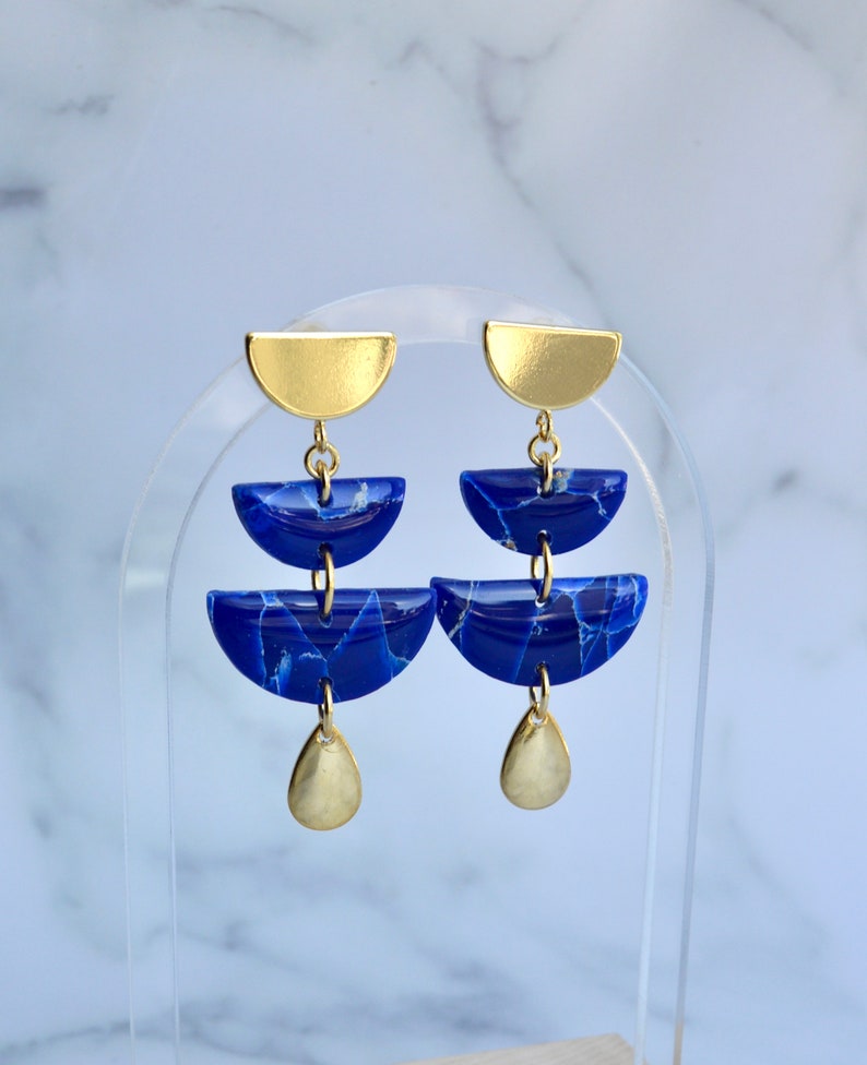 Lapis Lazuli Polymer Clay Earrings Various Styles Half circle dangle