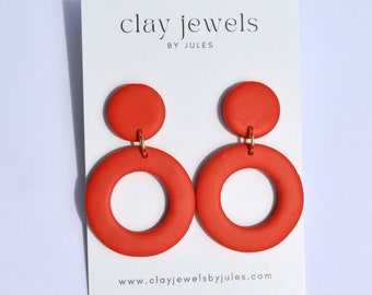 Bright Red Clay Funky Hoop Handmade Earrings
