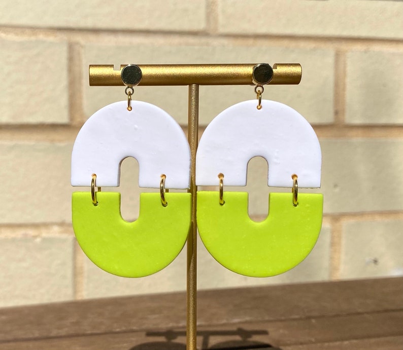 Funky White and Neon Lime Green Polymer Clay Statement Earrings Lightweight image 4