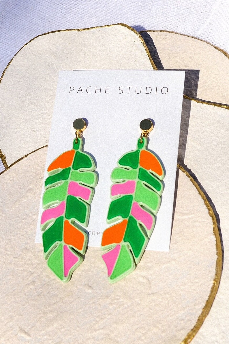 Hand painted banana leaf earrings Post