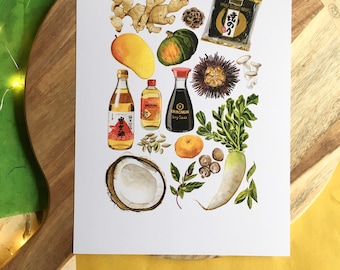 Asian Ingredients Illustration - A4 Print, Asia Art, Watercolor Food Illustration, Art for Kitchen