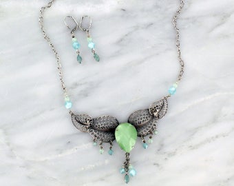 Sadie Green's Limited Edition Vintage Glass and Filigree Leaves Statement Necklace with Coordinating Earrings | Reign Jewelry
