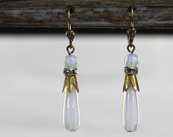 Sadie Green's Bone Ash, Bohemian Glass Circa 1900 Drop with Light Sapphire Crystal Rondelle and Petal Cap Earrings