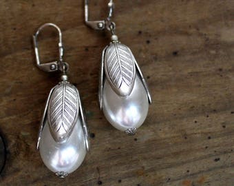 Sadie Green's Limited Edition, Leaf Capped Pearl Earrings in Antique Silver or Brass | Tudors | Camelot| The Crown| Reign Jewelry