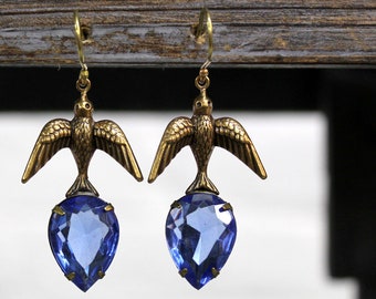 Sadie Green's Light Sapphire Blue Vintage Glass Bird Earrings