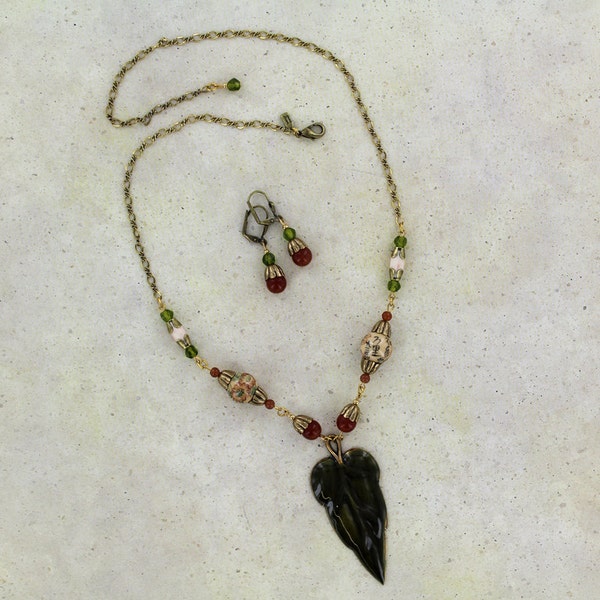 Sadie Green's Limited Edition Vintage Necklace with Hand Enameled Leaf, Carnelian Glass, & Chinese Inspired Ceramic Beads and Earring