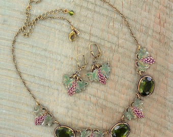 Sadie Green's Vintage Hand Enameled Grapes with Molded Olivine Glass in an Antique Setting with Matching Earrings | Reign Jewelry