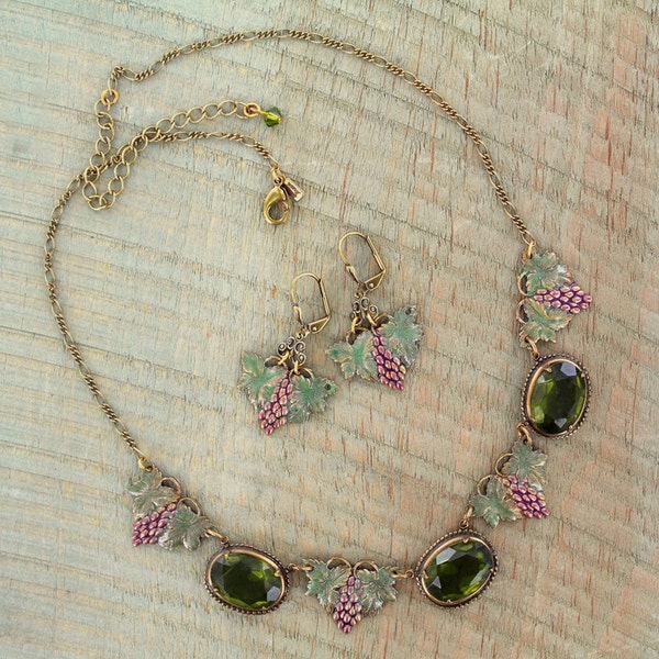 Sadie Green's Vintage Hand Enameled Grapes with Molded Olivine Glass in an Antique Setting with Matching Earrings | Reign Jewelry