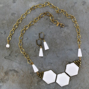 Sadie Green's Vintage Art Deco White Hexagon Glass Cabochon & Lucite Necklace with Matching Earrings Reign Jewelry image 1