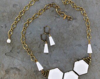 Sadie Green's Vintage Art Deco White Hexagon Glass Cabochon & Lucite Necklace with Matching Earrings | Reign Jewelry