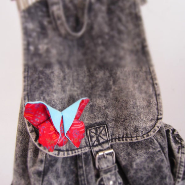 Red and blue butterfly brooch, handmade accessoire,origami style,upcycled fabric,original poetic gift,happiness,positive thinking