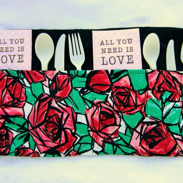 Romantic red roses fabric pic nic flatware set,outdoor table set,romantic,valentine's day gift,for couple,holydays,eco-friendly