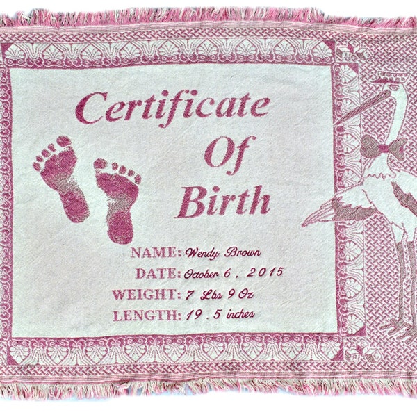 Personalized Woven Certificate of Birth Blanket - Pink Birth Announcement Baby Blanket, Girls Gift