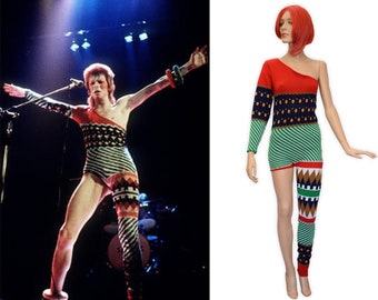 Made to Order, David Bowie Ziggy Stardust Inspired One Shoulder-One Leg Bodysuit Costume - High Quality Knit Costume/Cosplay Leotard