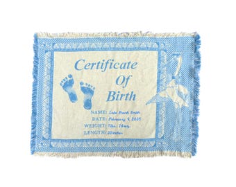 Personalized Woven Certificate of Birth Blanket - Blue Birth Announcement Baby Blanket, Boys Gift