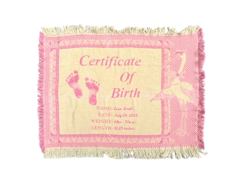 Personalized Woven Certificate of Birth Blanket - Pink Birth Announcement Baby Blanket, Girls Gift