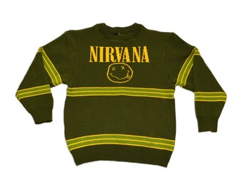 Nirvana '90s Grunge Knit Sweater - Vintage Rock Unisex Sweater made with Green and Yellow Acrylic Yarn, Gift for Music Fans