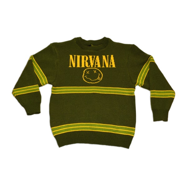 Nirvana '90s Grunge Knit Sweater - Vintage Rock Unisex Sweater made with Green and Yellow Acrylic Yarn, Gift for Music Fans