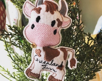 Gepersonaliseerde vilten koeienversiering – Gevlekte Holstein boerderij kerstboomversiering