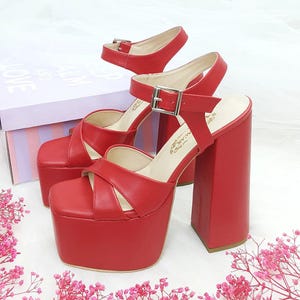 16 Cm High Heels Red Color Wedding Shoes With Cross Band, Red Color High Heels Women&#39;s Evening Dress Shoes With Thick Platform