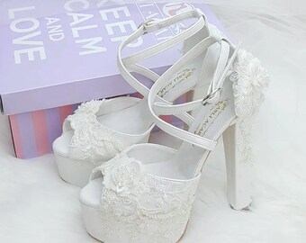 Lace Tulle Wedding Shoes: 15cm High Heel Bridal Platforms