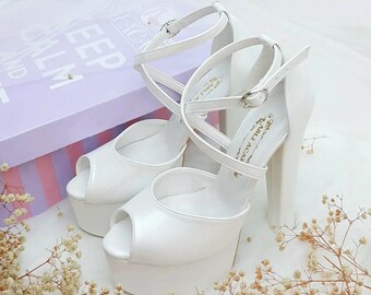 14 Cm Comfortable Heeled Cross Strapped Model Pearl Color Wedding Shoes, Bridal Shoes, Engagement Shoes, Women's Shoes