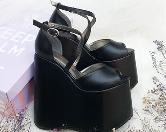 Black Wedge Heel Platform Sandals: Faux Leather Wedding Shoes