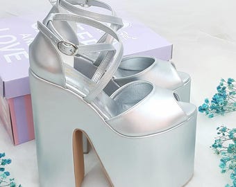 Silver Wedge Heel Bridal Shoes: 18 cm Platform Wedding Shoes