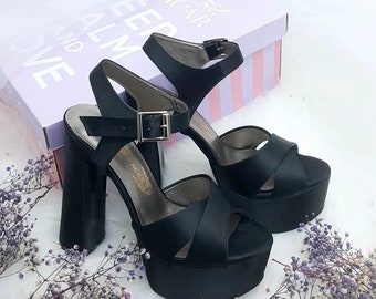 Black Satin Platform Wedding Shoes: Comfortable Bridal Heels