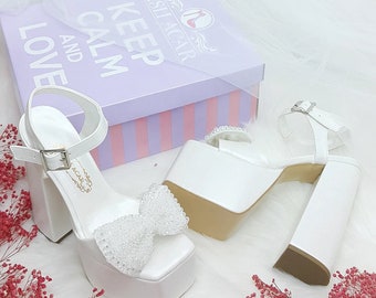 Crystal Bow Platform Bridal Shoes: Pearl White Wedding Heels