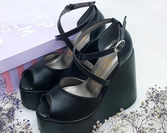 Black Wedge Heel Wedding Shoes: Comfortable Faux Leather Bridal Platforms