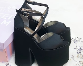 Black Satin Wedge Heel Shoes: Comfortable Wedding Platforms