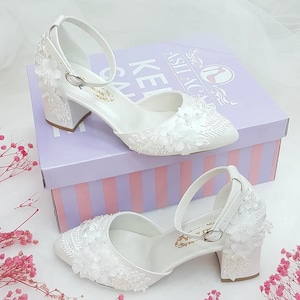 Low Heel Stiletto Wedding Shoes, Stiletto Low Heel Mother of Pearl Bridal Shoes, Lace Detailed Low Heel Comfortable Wedding Shoes