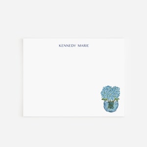 Blue Hydrangea Floral Bouquet Flat Stationery | Personalized Flower Notecards | Watercolor Floral Stationery for Her | Hydrangea Stationery