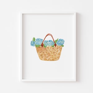 Market Basket Art Print | Hydrangea Basket Art Print | Watercolor Hydrangea Painting | Floral Wall Art | Blue Hydrangea Watercolor Art Print