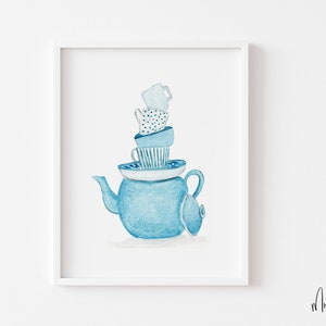 Stacking Teacups Art Print | Teacup and Saucer Painting | Tea Cup Painting | Tea Pot Art Print | Kitchen Wall Art | Grand Millennial Art |
